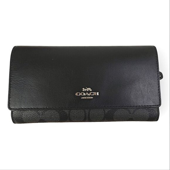 COACH CC LOGO CANVAS BLACK GENUINE LEATHER LONG WALLET PURSE CLUTCH - Picture 1 of 7